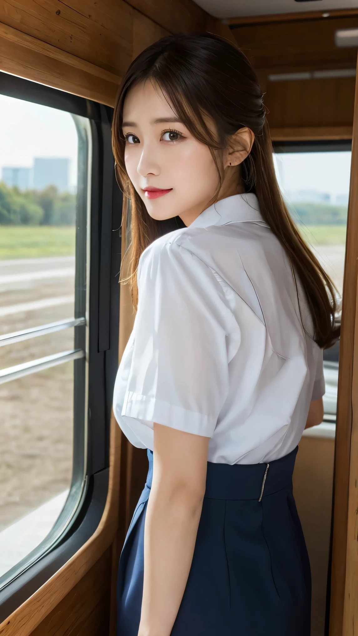 masterpiece,Highest quality, (One Woman),(sit in a train seat:1.5), (Shooting from the air:1.5), (Photo taken from the opposite chair:1.5), (Sit with your knees facing forward:1.5), (Surprised expression:1.6), (Beautiful woman:1.5), (Sit with your knees together:1.5), (Wavy brown hair:1.3), (green seat), (Voluptuous body:1.5), (One big woman), (White blouse:1.4), (Black pencil skirt:1.4), (High heels:1.7), (Panties that are only slightly visible:1.7), (View Photographer), ((Perfect hands and fingers)), (Looking into the camera:1.6), (A seductive gaze:1.5), Big eyes, elegant temperament, Highest quality, Down to the last detail, Perfect Face, 赤いlipstick, Perfect body, Large Model, Mature Woman, expensive, Leg length, Long eyelashes, 深色eye shadow, Her face is heavily made up, cosmetics, (lipstick: 1.1), (eyeliner: 1.2), mascara, eye shadow, necklace, compensate, Elegant black shirt, Obscene, erotic, Touch your chest, ((View your viewers)), ((Temptation performance)), Clean and nice face，