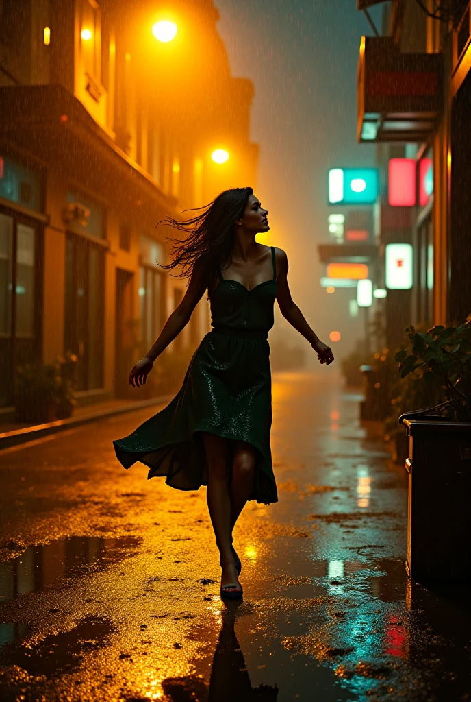 Créer une image de haute qualité 16k, photo réaliste, vu de très haut, presque vole d'avion, avec une femme, Jenna Ortega, habillée avec une jupe très longue vert épaisse détrempée donnant l'impression d'un mouvement arrêté dans le temps se déplaçant subtilement avec le mouvement de ses pas, volant au vent, ouverte sur les cuisses, des bottes style Doc Martens rose et lacet noir, un décolleté en V faisant apparaître ses seins, elle est coiffée de couettes longue tombant sur les épaules et sa chevelure est brune avec des meche bordeaux, elle porte sur la tête un chapeau haut de forme vert et violet, ornementé. Elle a un regard menaçant., malicieux, les yeux vert perçant. L'un de ses pieds est légèrement avancé, comme si elle était en train de faire un pas en avant vers la camera. Le temps humide, Pluie forte, le corps de la femme mouillé comme ses cheveux. elle se trouve dans une rue de la Nouvelle Orléans, des inconnus se promènes autour de Jenna Ortega ,il fait nuit, elle est illuminé uniquement par des lampadaire a la lumière vibrante teintée de jaune et d'orangé. L'ensemble de la scène capture un moment de puissance, de détermination et de peur.