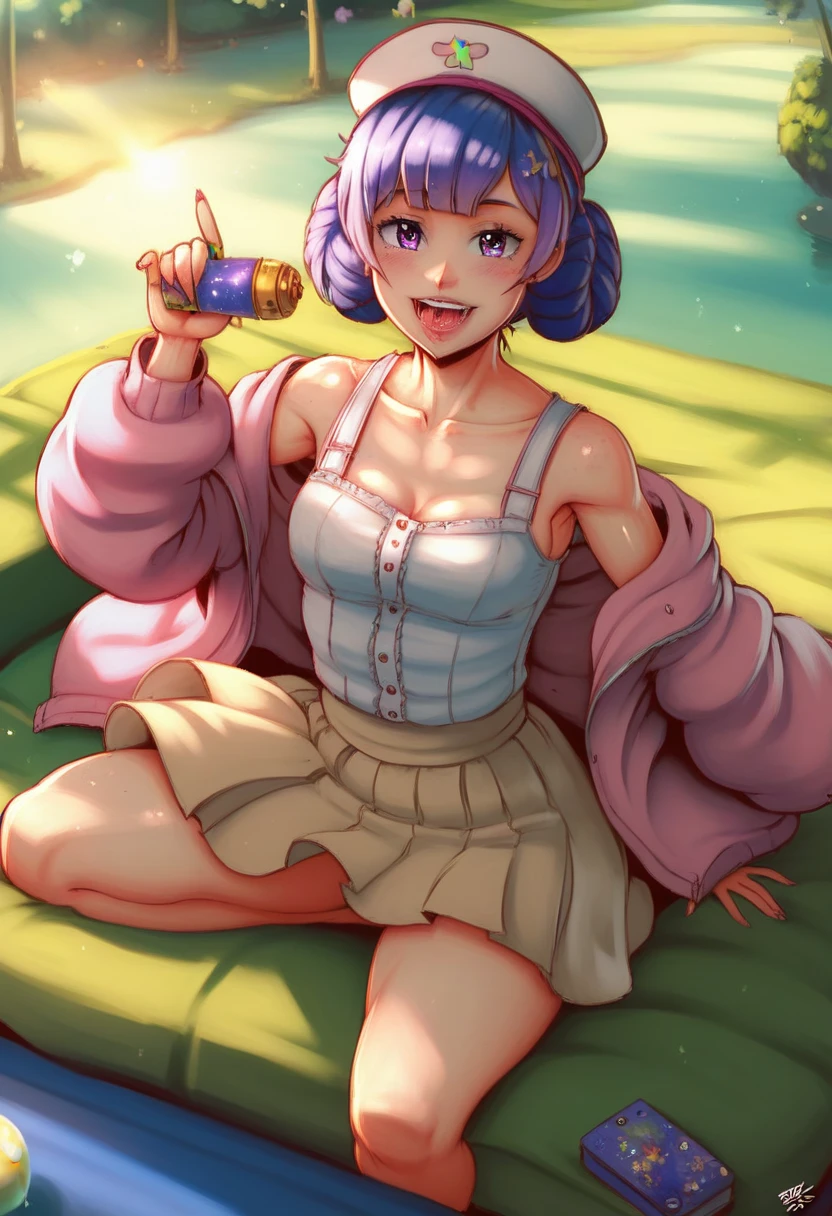 Purple hair girl painting、Glass mandarin orange earrings decorate both ears、Eye color: Ocean pink purple、Space Eyes、Inside the room、(((Giant orange shaped cushion)))、((Hugging on a cushion))、Sit down, long hair、Bun Hair、Cool and complicated, Hand holding sliced orange, A very happy expression with plenty of orange juice、((The syringe contains orange juice))、Very embarrassed、The best smile、Open your mouth wide、Grin、Eyes closed、((Purple and black dress))、((Syringe Shoulder Bag)), Fun and lively characters, close( Perfect Anatomy )、Beautiful, translucent white skin、A purple dress slightly damp with sweat、Underwear is visible、quality\(8K,Highly detailed CG unit wallpaper, masterpiece,High resolution,top-quality,top-quality real texture skin,Super two-dimensional,Increase the resolution,RAW Photos,highest quality,Very detailed,wallpaper,Ray-tracing,Golden Ratio\),[Browsing Caution]、White and orange theme、Everything is orange except for the outfit, hairstyle, and eye color.、barefoot,Love Hotel