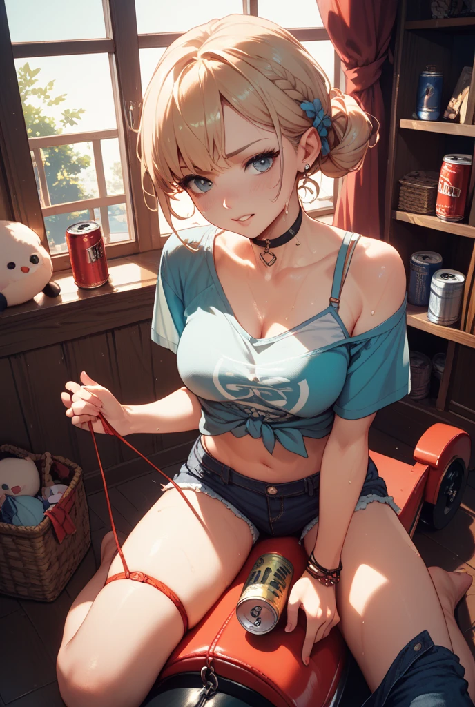 in 8K、top-quality、​masterpiece、ultra-detailliert、Ultra-high resolution、((1 persons))、 Beautiful detailed eyes , poneyTail、a yellow hair、Braided hair、makeups、Home、sitting down on the floor、bare-legged , the legs are open。look at the camera , perfect hands, complete ???????), nude , naked , M-shaped legs, women opening legs , spread legs , hands up , tied to a chair in a basement, restraint, bdsm, restrained legs, restrained arms, bound, bound to chair, rope, tied with ropes, beautiful body, beautiful face, 