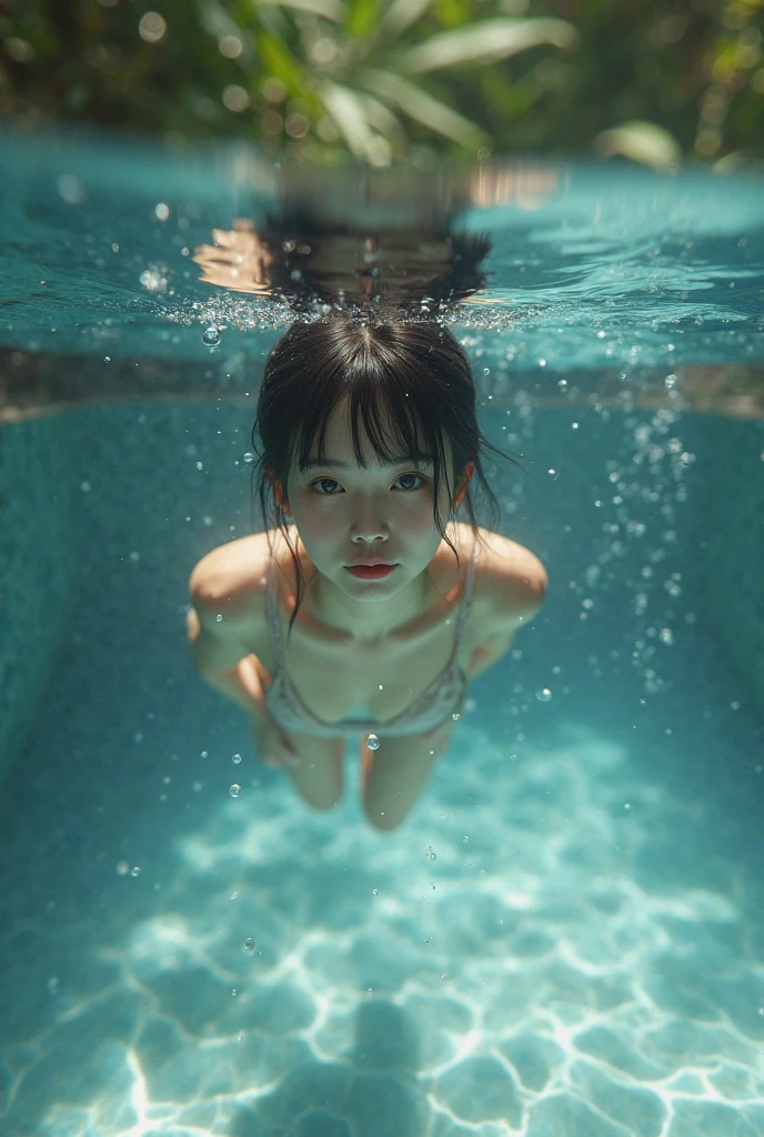 masterpiece, (photo realistic:1.2), (photo realistic:1.3), Asian eyes, Plump, Talents,, young girl, (broad jawline:1.3), fair skin, (Japanese Girl), (Girl Swimming:1.3),(Holding your breath:1.3), Messy short bob, (very light brown hair:1.2), (Thin eyebrows), flat chest,Tshirt, earrings,necklace, Very well-formed face, (no makeup:1.2), (Underwater camera),(from bottom shot:1.2)