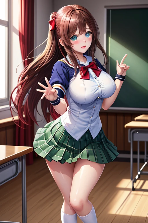 masterpiece、high quality、8k、high resolution、solo、 high chroma、high resolution 、anatomical structure、Perfect body attack、beautiful skin、pretty eyes、blue eyes、shiny costume、(brown hair:1.hort Bob 、 、、Big Breasts、embarrassing、uniform((white shirt、Short sleeve、 green plaid pleated skirt 、micro mini skirt、red bow tie、White Long Socks、white scrunchies on wrists、loafers))、 soft shadow、daylight、textured skin、wind、skirt flipping、make a heart with both hands、 Classroom、 daylight、(legs open:1.5)、dark pink blush、Viewers' Perspectives、studio lighting for women、I can see the schoolyard from the window、upper body