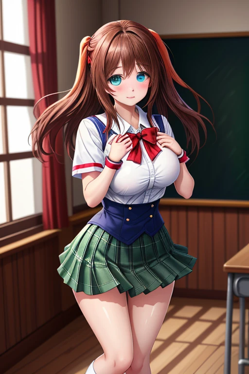 masterpiece、high quality、8k、high resolution、solo、 high chroma、high resolution 、anatomical structure、Perfect body attack、beautiful skin、pretty eyes、blue eyes、shiny costume、(brown hair:1.hort Bob 、 、、Big Breasts、embarrassing、uniform((white shirt、Short sleeve、 green plaid pleated skirt 、micro mini skirt、red bow tie、White Long Socks、white scrunchies on wrists、loafers))、 soft shadow、daylight、textured skin、wind、skirt flipping、make a heart with both hands、 Classroom、 daylight、(legs open:1.5)、dark pink blush、Viewers' Perspectives、studio lighting for women、I can see the schoolyard from the window、upper body