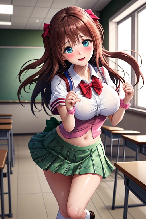masterpiece、high quality、8k、high resolution、solo、 high chroma、high resolution 、anatomical structure、Perfect body attack、beautiful skin、pretty eyes、blue eyes、shiny costume、(brown hair:1.hort Bob 、 、、Big Breasts、embarrassing、uniform((white shirt、Short sleeve、 green plaid pleated skirt 、micro mini skirt、red bow tie、White Long Socks、white scrunchies on wrists、loafers))、 soft shadow、daylight、textured skin、wind、skirt flipping、make a heart with both hands、 Classroom、 daylight、(legs open:1.5)、dark pink blush、Viewers' Perspectives、studio lighting for women、I can see the schoolyard from the window、upper body