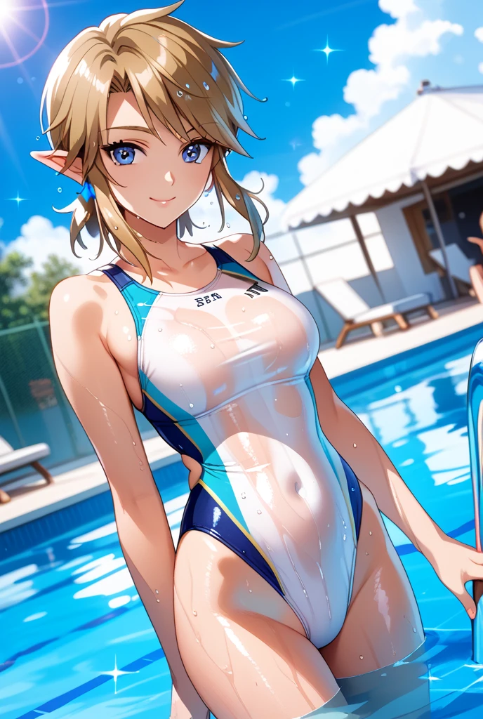 ((best quality)), ((masterpiece)), (detailed), happy goblin girl, green skin, pointy ears, yellow hair in tight ponytail, tiny breasts, 3 feet tall, very small, very tiny, very thin, muscular, at an outdoor Olympic swimming pool, one-piece swimsuit, dynamic pose, cinematic still, action pose, looking at viewer, naughty smile, pulling down swimsuit, teasing, sunset, romantic lighting, strap slip, pulling down top, flirty