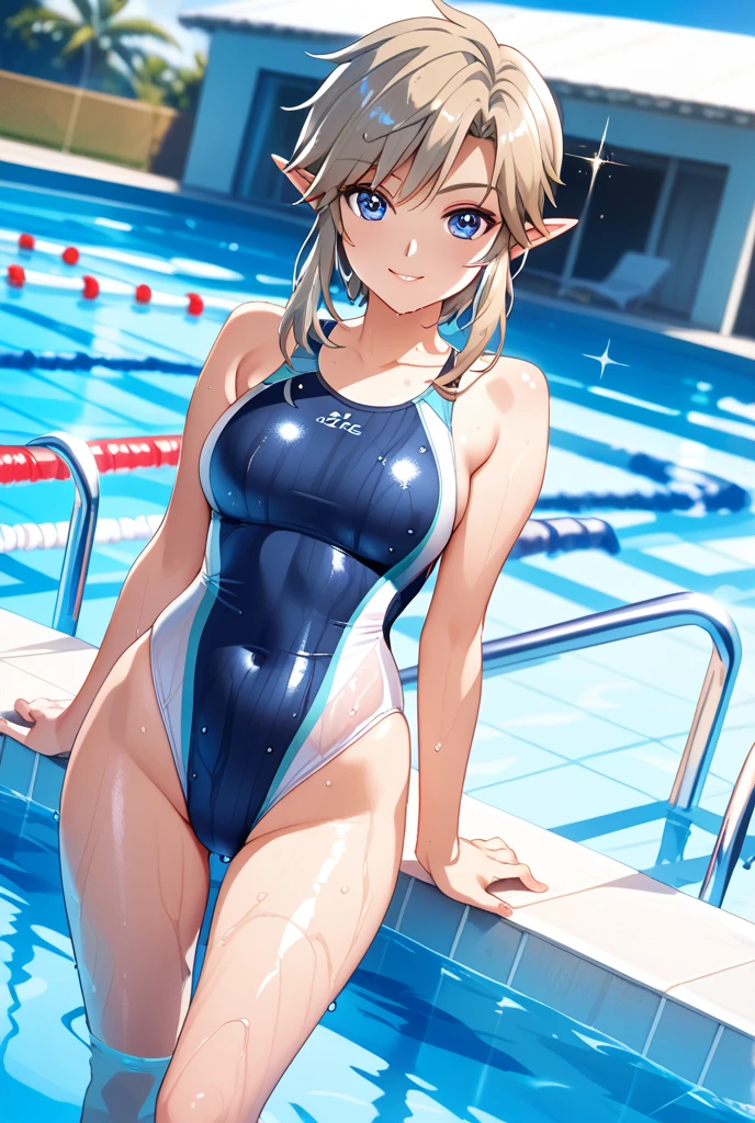 ((Link \(The Legend of Zelda\),))masterpiece,1 person, Blonde, Curly long hair, (((male)))School Swimsuit, School swimming pool