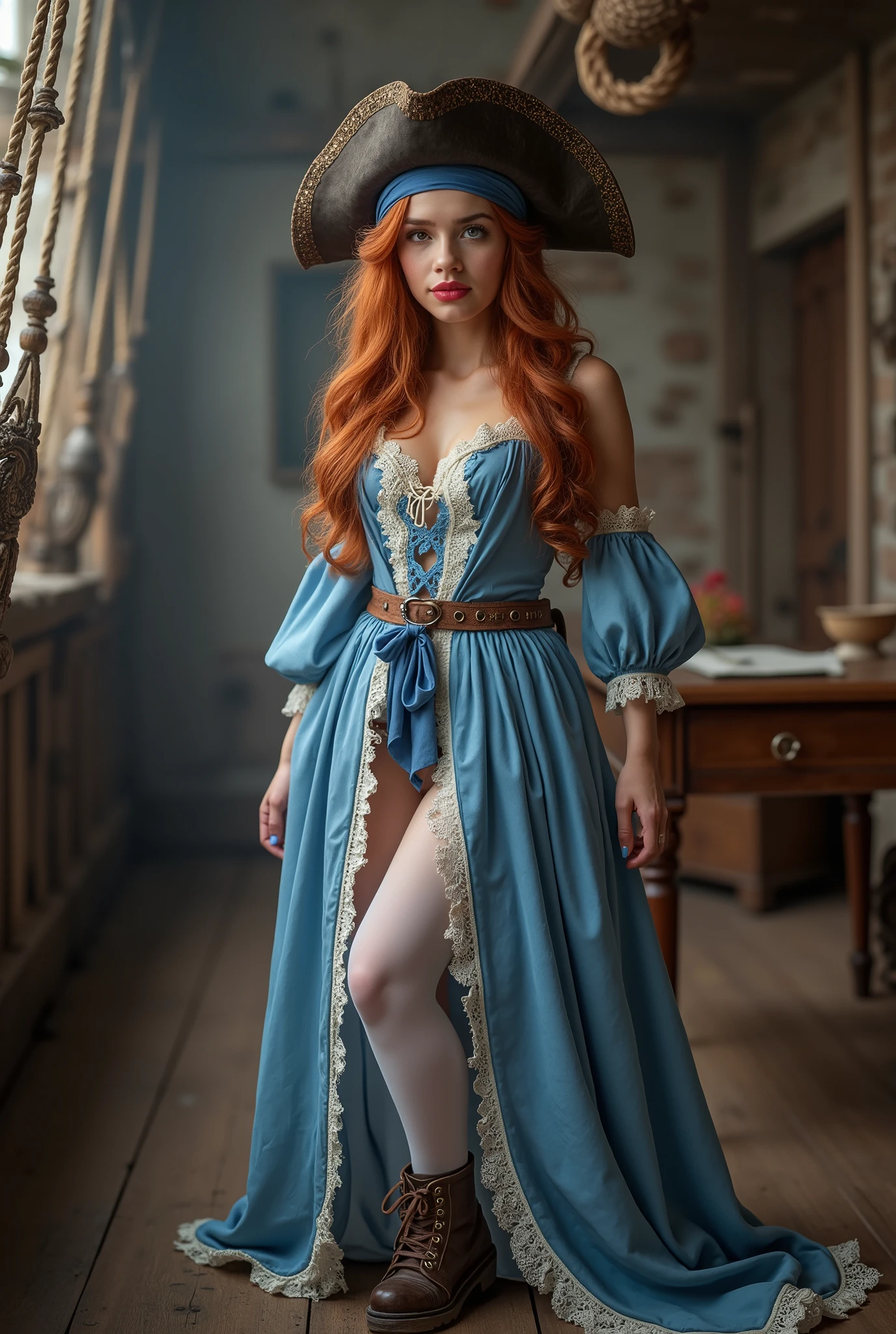Full-length gorgeous pirate girl,posing game. shocking lips, chestnut curls, blue headband, blue dress with lace and silk fringes, cut, garter, hip, white stockings, shoes. 18K, 9HDR, ultra realistic, 3D, full body image, employ intricate details to convey a sense of depth,Large Pirate Hat.Random Angle.Strive for a balance between realism and artistic interpretation to evoke a profound and imaginative atmosphere, expressive creative art.