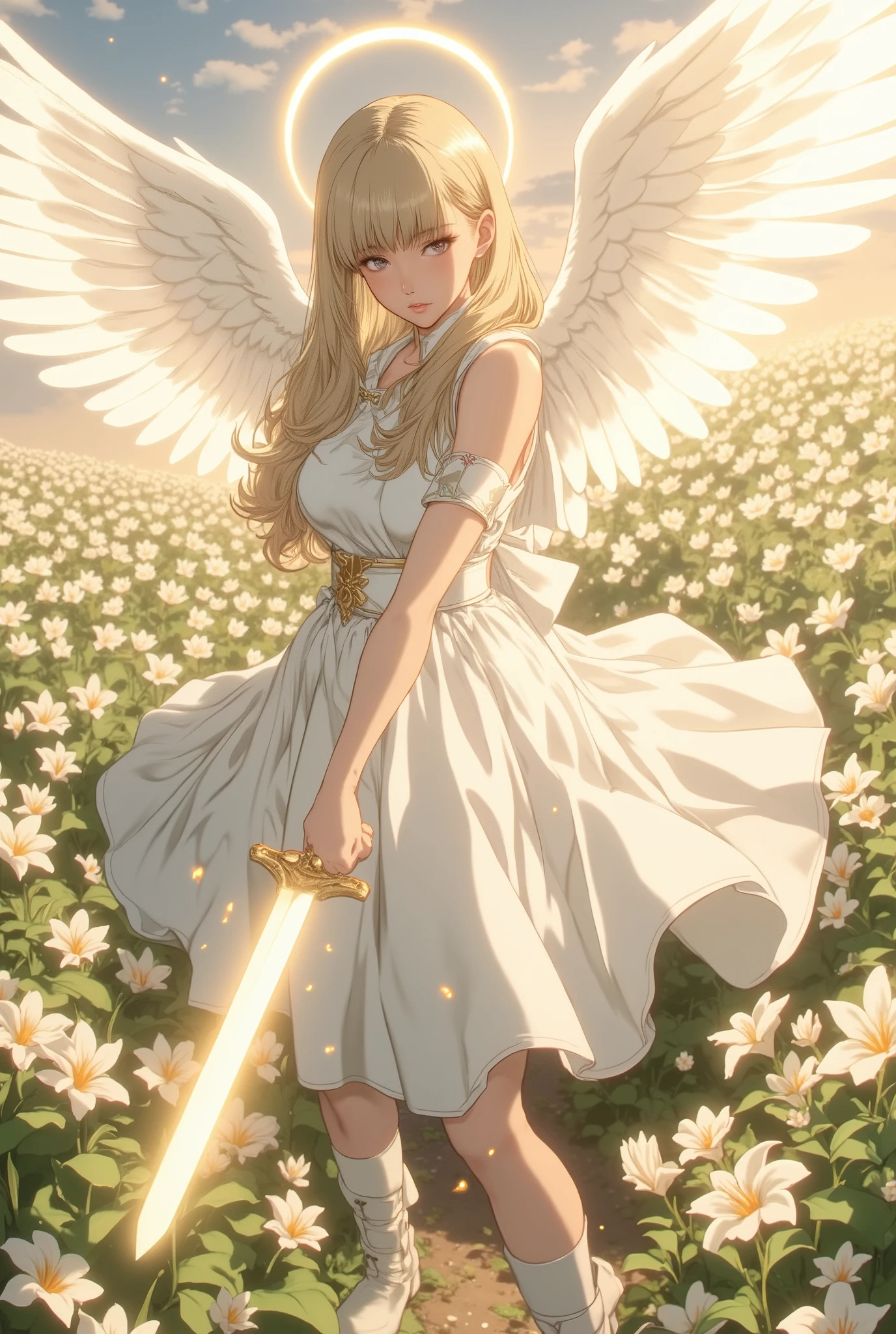 A serene and radiant female angel with white wings, holding a luminous holy sword, the sword emits a gentle divine glow that merges with blooming lilies, A holy sword with a holy aura.。symbolizing resurrection and hope. The background is a soft misty dawn over a tranquil field of lilies, warm white and gold light filtering through the air, soft ethereal atmosphere, flowing robes, delicate halos of light, pastel sparkles, cinematic lighting, high detail、anime、egmid、Miniskirt, beautiful thighs,sharp eyes,boots,,sleeveless.

