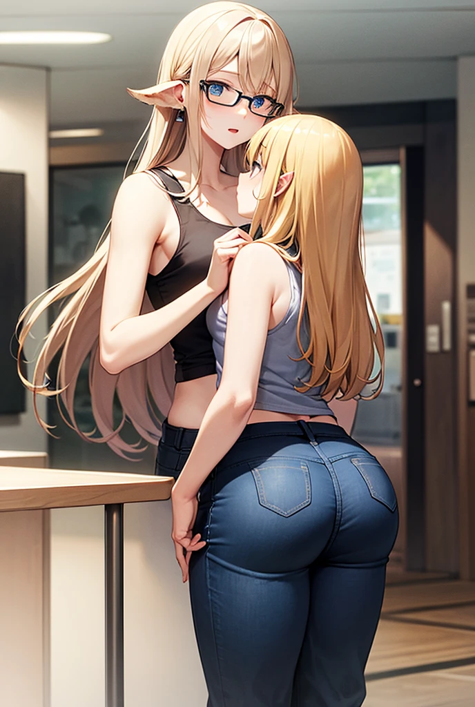 There is one girl and one boy. They are facing each other. They are hugging in a school hallway. Bbw, The girl is blonde. The girl is curvy with thick thighs and a big ass, she had a massive ass and wide hips. they are hugging. The guy is groping, squeezing, fondling, and grabbing her big ass as they hug. She is wearing shorts that cover her ass but are very short and tight. She is blushing and laughing and he is smirking.
