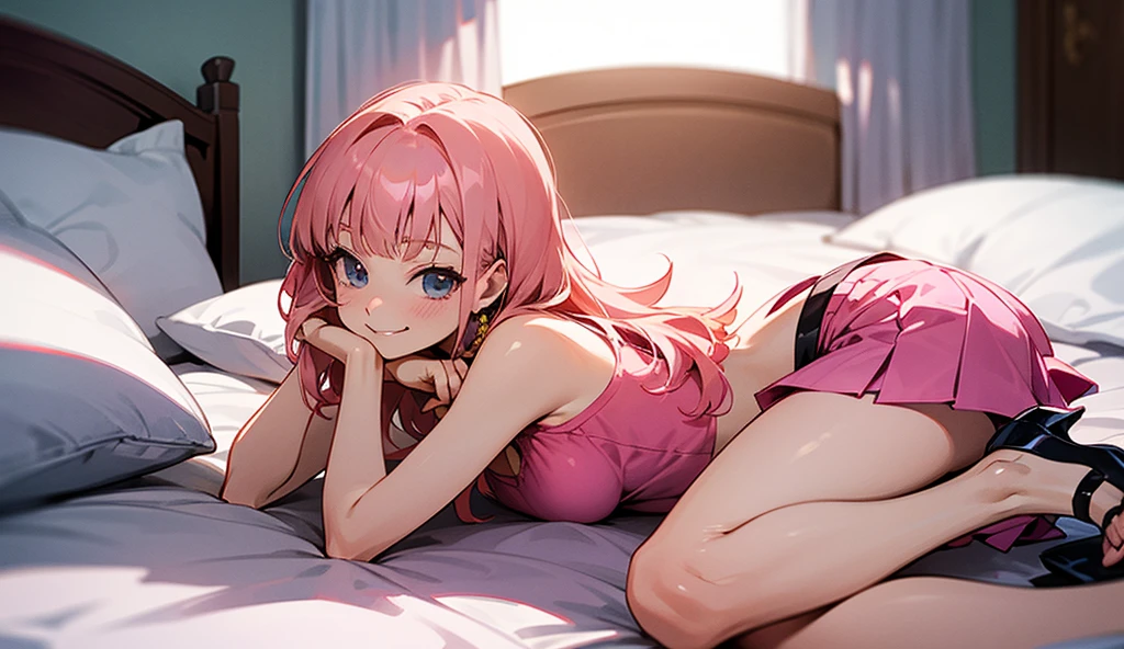 anime girl in 20s, long braided pink hair, blushing, brown eyes, lying in bed, naked