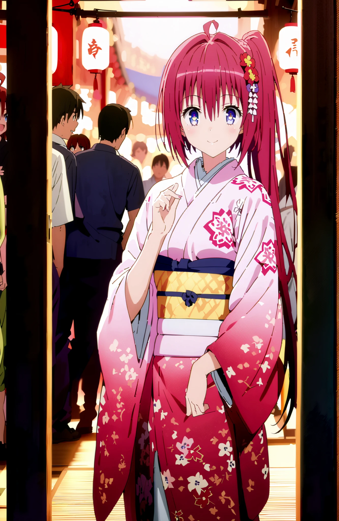 score_9, score_8_up, score_7_up, source_anime,Kurosaki Mea , stupid hair, blue eyes, red hair,long hair,stupid hair,Side Ponytail,flower hair ornament with ears, red flower pattern kimono,smile,blush,grinning,Light up fireworks,Japanese stalls ,Red Lantern,standing,crowd,in their 40s outdoors, Japanese Festival,,
in their 40s looking at viewer,full body,
in their 40s (masterpiece:1.2), best quality, high resolution, Unity 8Kの壁紙, ( illustration :0.8), (beautiful detailed eyes:1.6), very detailed face, perfect lighting, very detailed CG, (perfect hand in h, perfect anatomy),