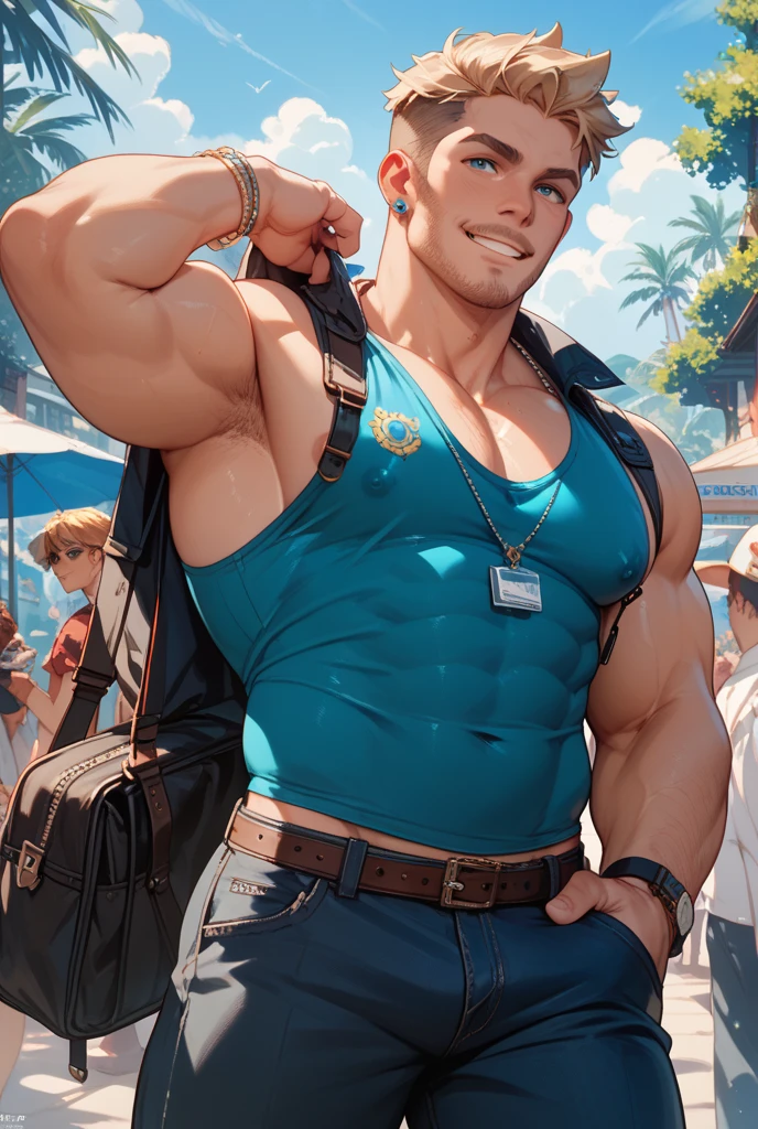 Running abs 22 year old boy,An amusement park,Perfect quality,Clear focus,s the perfect face,Complicated details,wide wide shot,Extremely protruding crotch