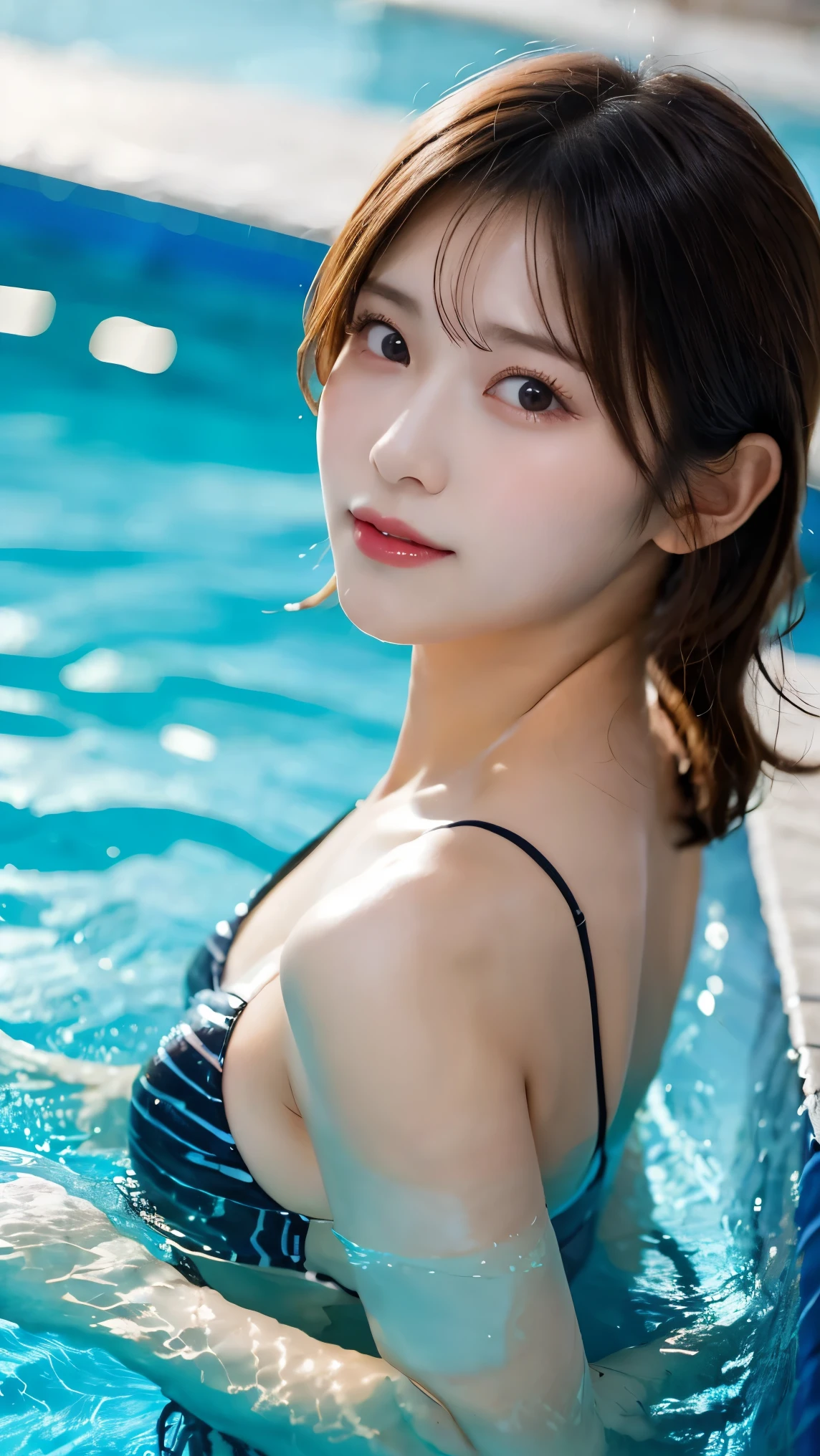((top-quality、8K、masterpies:1.3、school swimming pool、Brown Shorthair、((Colossal tits、Rear view、sideshot))、、bikini of、hip lines、From the knee up))、1girl in、Slim Beauty:1.3、Super Detail Face、Delicat eyes、二重まぶた、facial expression of smile、full body Esbian、Suntan-Skin、20yr old、bobhair、short-cut、erotick、Sensual look、stare