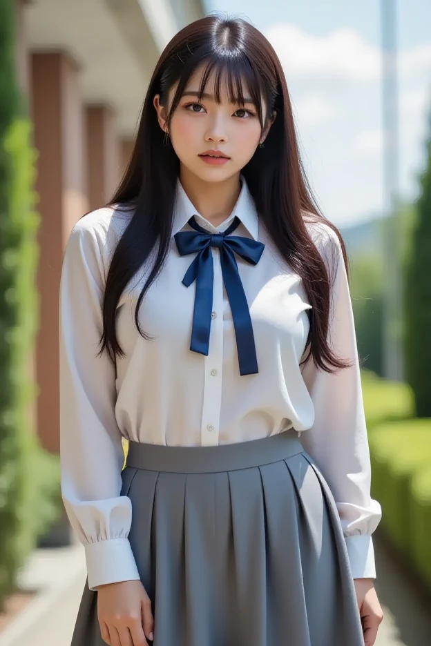 The image features a young girl dressed in a traditional Japanese school uniform known as "seifuku." The girl stands in a serene setting, surrounded by cherry blossom trees in full bloom. Her uniform consists of a crisp white collared shirt with a sailor-style collar, adorned with a navy blue ribbon tied neatly at the front. The shirt is paired with a pleated navy blue skirt that falls just above her knees. Over the uniform, she wears a dark blue blazer with gold buttons and trim, giving her a polished and scholarly appearance. The blazer is embellished with a school emblem on the breast pocket. Completing her outfit, she wears knee-high white socks and black leather loafers. The girl stands tall with an air of confidence, her short black hair neatly styled and parted to the side. Her almond-shaped eyes sparkle with curiosity and determination, reflecting her passion for education and learning. The image captures the grace, elegance, and tradition associated with Japanese school uniforms, symbolizing academic excellence and the vibrant beauty of youth.