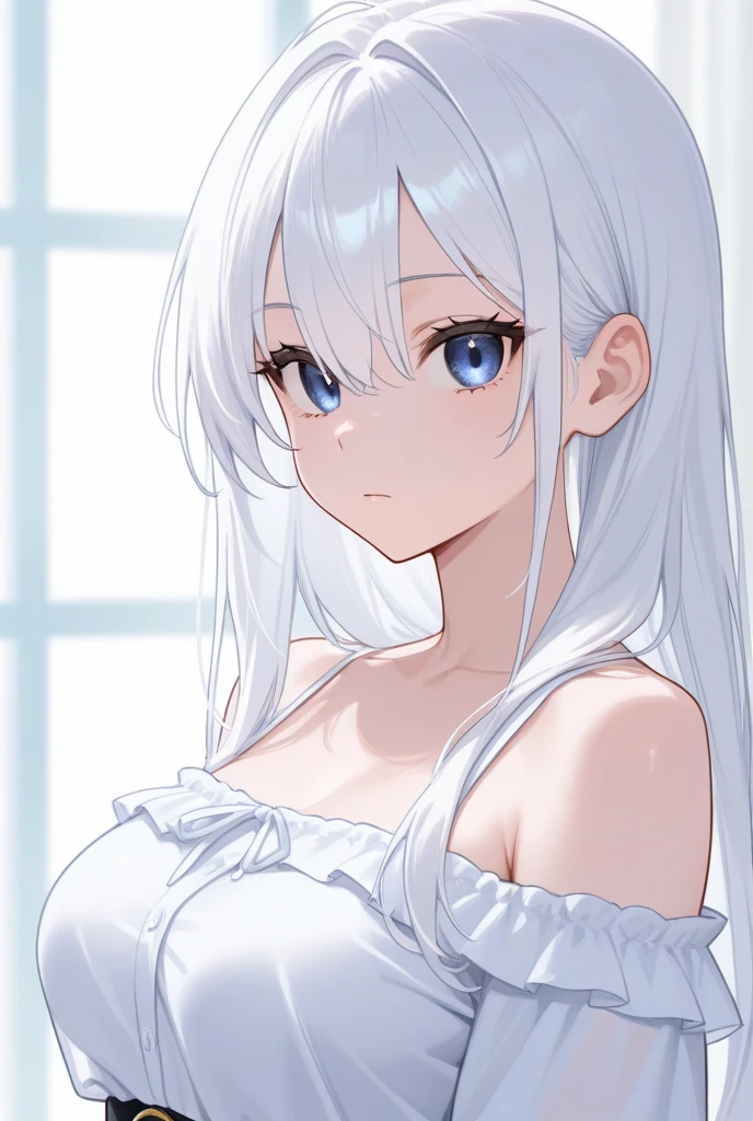 one girl, anime style, cat ears, off shoulder, medium breasts, shy, blush, navel, choker, obedient, white long hair, light blue eyes, long sleeve