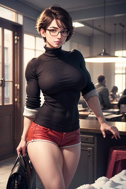 (1girl, solo, alone), (WakatsukiRisa, Sarada Uchiha, black hair, short hair, black eyes, red glasses), ((solo, (1woman, pink lipstick, black eyes), Extremely detailed, ambient soft lighting, 4k, perfect eyes, a perfect face, perfect lighting, a 1girl)), ((fitness, muscular, shapely body, athletic body, toned body)), ((sequin encrusted bra, gold sequin bra, lantejoulas douradas, mini short, short jeans, micro short jean, ((half thigh, long stocking), high-heeled boots, high-heeled boots, thigh-high boots, thigh, high boots)), hall de entrada, entrada, Provençal style docking, Provençal style furniture))