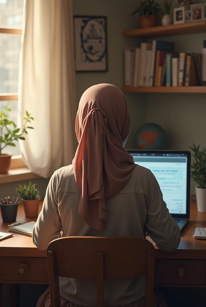 A 18 years old cute girl sitting on a chair with laptop..busy to writing a code. With a side position. With hijab with black udercap. And a back screen is coading screen. Skin tone white wearing a watch in her hand. Small eyes,slim face Small lips. Her eyes are looking down. Dress is white and light blue with tea pink hijab. Show full laptop