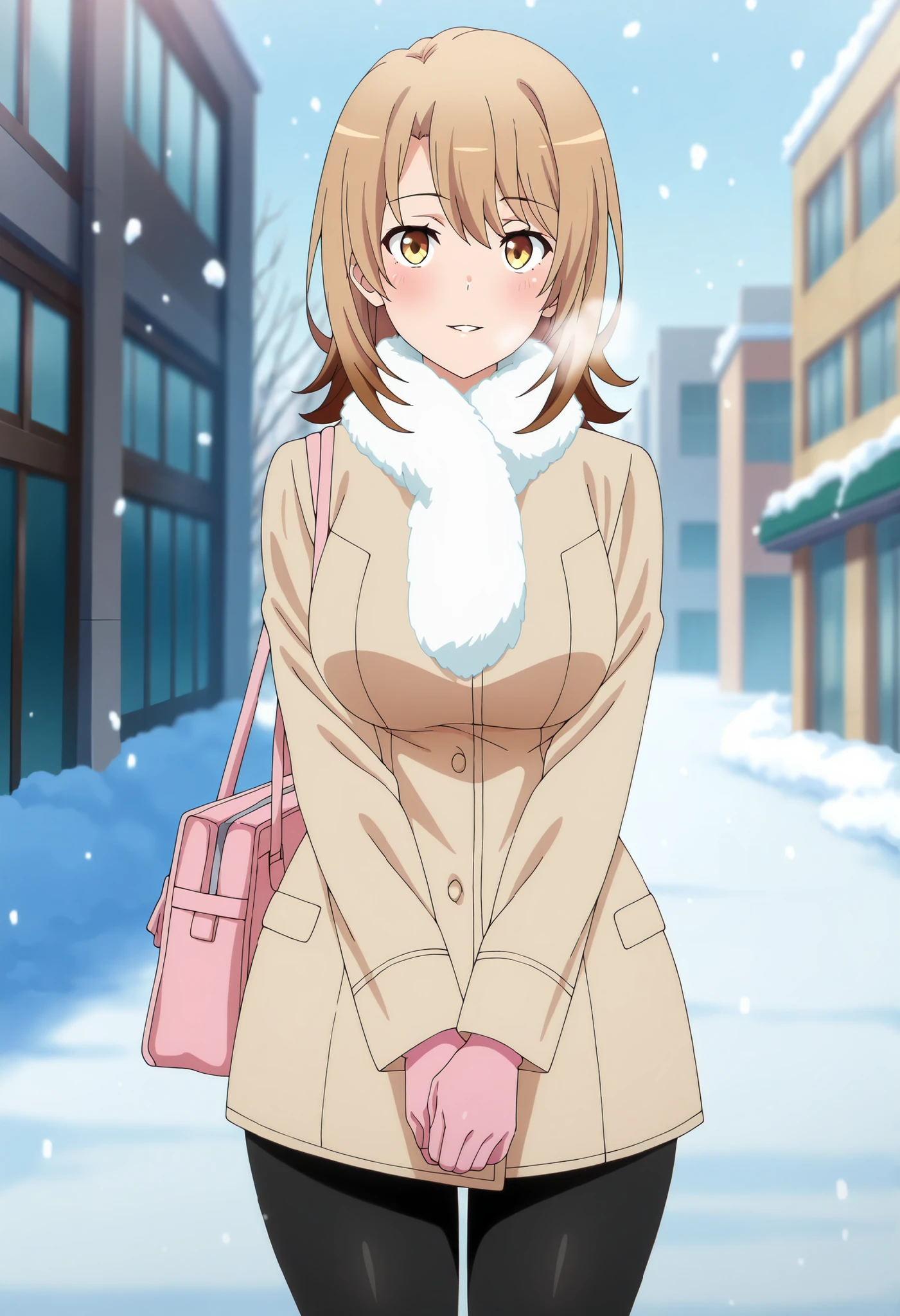 anime screencap, masterpiece, best quality,
1girl, solo, parted lips, light smile, blush, breath,
medium hair, multicolored hair, light brown hair, brown hair, yellow eyes, hair between eyes, wide hips, soft thighs, large breasts
white scarf, fur collar, brown coat, handbag, pink gloves, black pantyhose,
own hands together,
cowboy shot, standing, looking at viewer,
winter, snow, snowing, school, city, outdoors, blurry background
