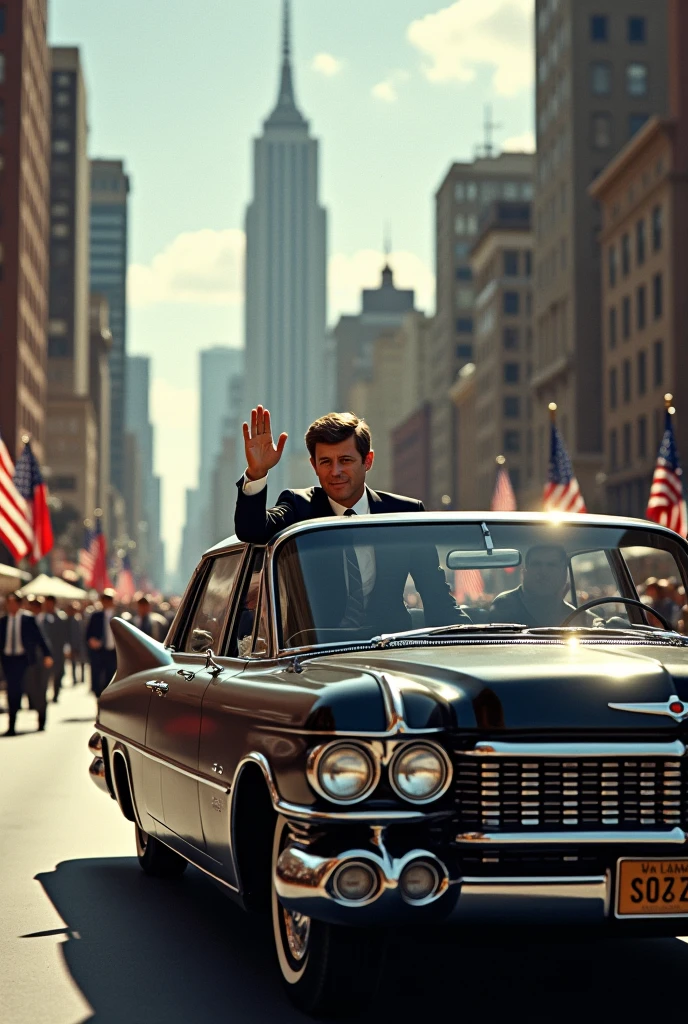 super realism, Dallas, TX, November 1963, Kennedy riding in a covered bulletproof car, parade