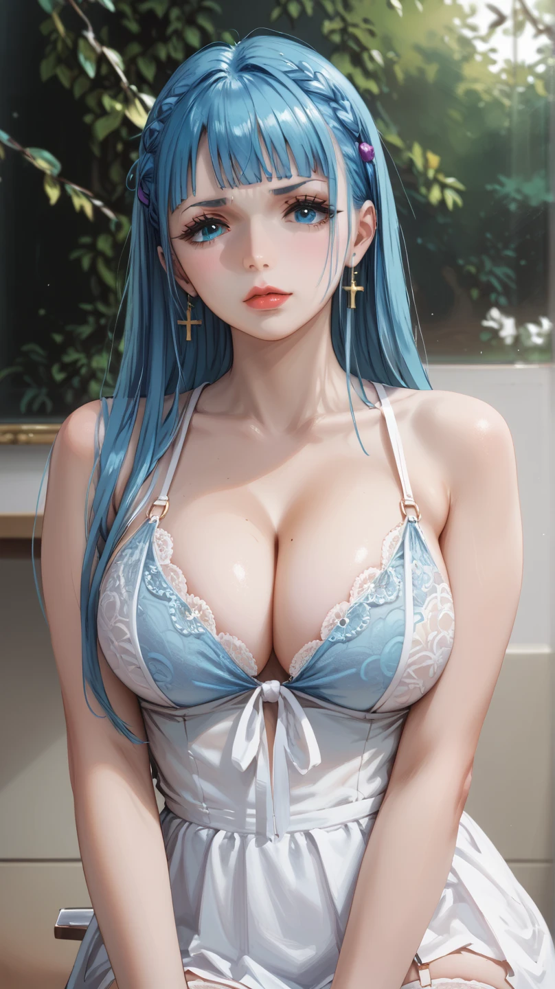 (Masterpiece, BestQuality:1.3), (ultra detailed:1.2), (hyperrealistic:1.3), (RAW photo:1.2), High detail RAW color photo, professional photograph, (Photorealistic:1.4), (realistic:1.4), professional lighting, perfect anatomy, (Big Breasts:1.2), (blush, detailed face), (cheerful Smile:1.5), (Blue Hair:1.5), Trending Hair&Trending Hairカラーをランダムに, earrings, necklace, bracelet, sexly, erotic sexly, Random sexy gravure poses, (A woman in a gothic black dress、A serious expression in front of an old church。With long wavy hairstyle、One hand is on his chest。: 1.3)