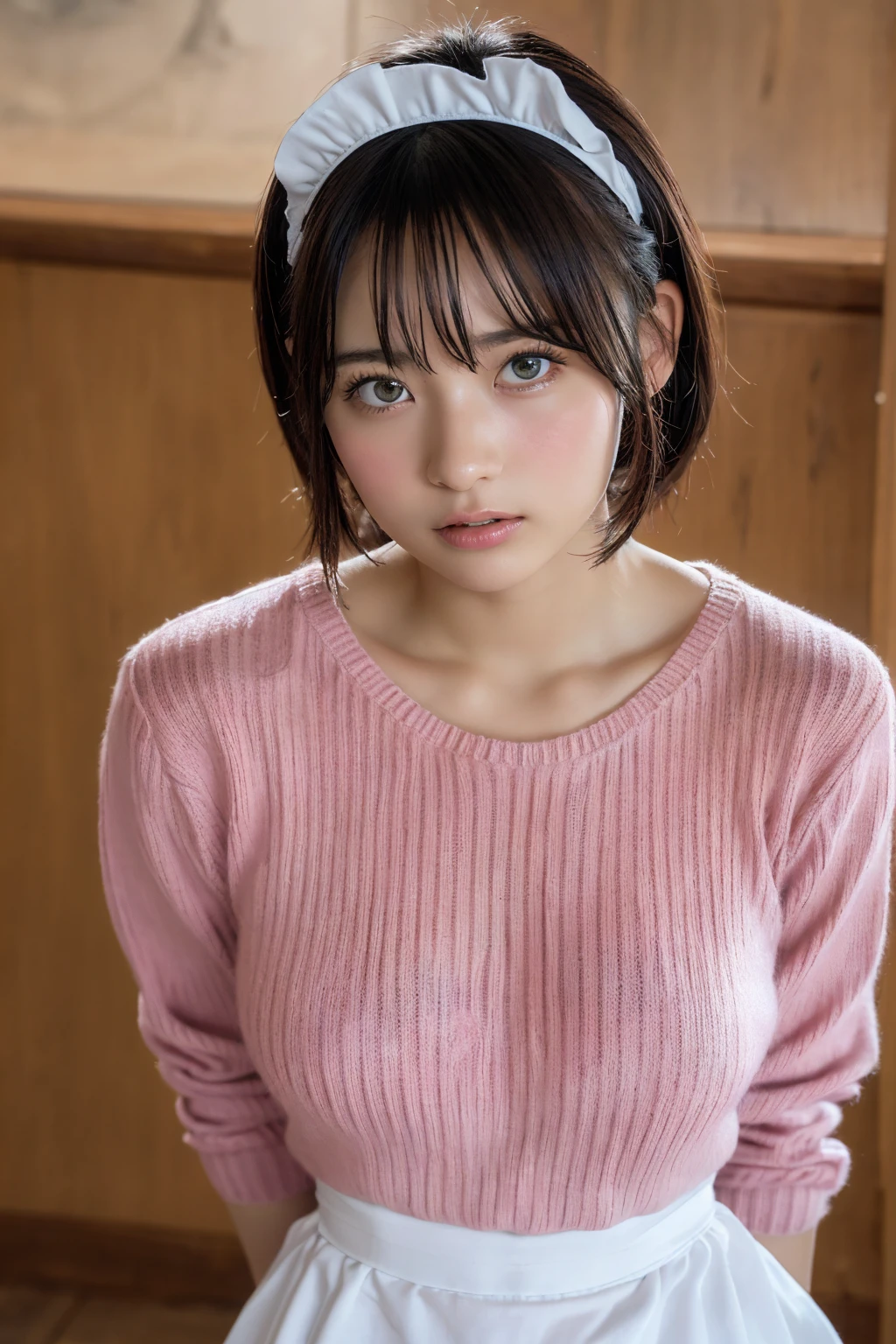 Professional photo-realistic images。A cute Japanese woman with short fluffy hair wearing a wide-necked sweatshirt without a bra。She is leaning forward and looking up at me.。Her nipples are visible through the gap in her collar。(flat chest:1.6), Front view from above。She is blushing and looking at me with an embarrassed face.。