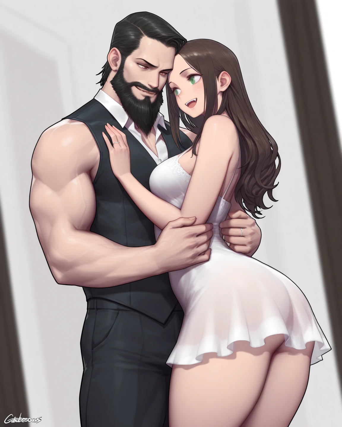 The man in his 45s with black very short hair and smooth face with moustache. The woman in her 45s with brown wavy long hair. They are naked. Night, dark, dim. The woman is leaning against the wall. The man is standing and holding the woman in his arms. Lap sex. They are moaning. Orgasm. Passion. Erotic. Realistic. Ulrta realistic.