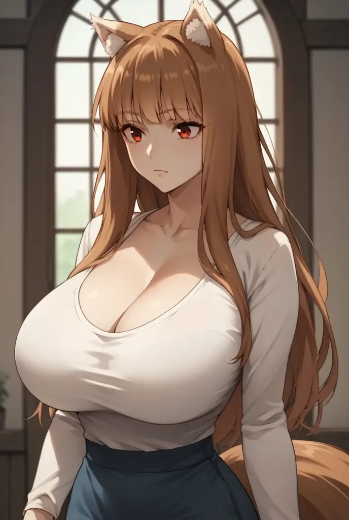 Brown Hair,Long Hair,Red eyes, Wolf Girl,Wolf Ears,Wolf's tail、Huge breasts、T-shirt long sleeve(tight)Long Maxi Dresses、Cleavage
