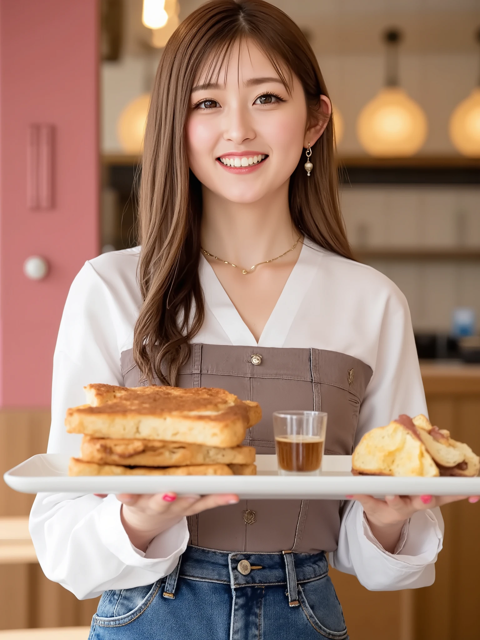 (front view:1.3),((looking up at viewer:1.3)) ,Shiny Hair, cleavage,waitress, cafe,mini skirt,stockings, (Toast and coffee on a tray:1.5),smile