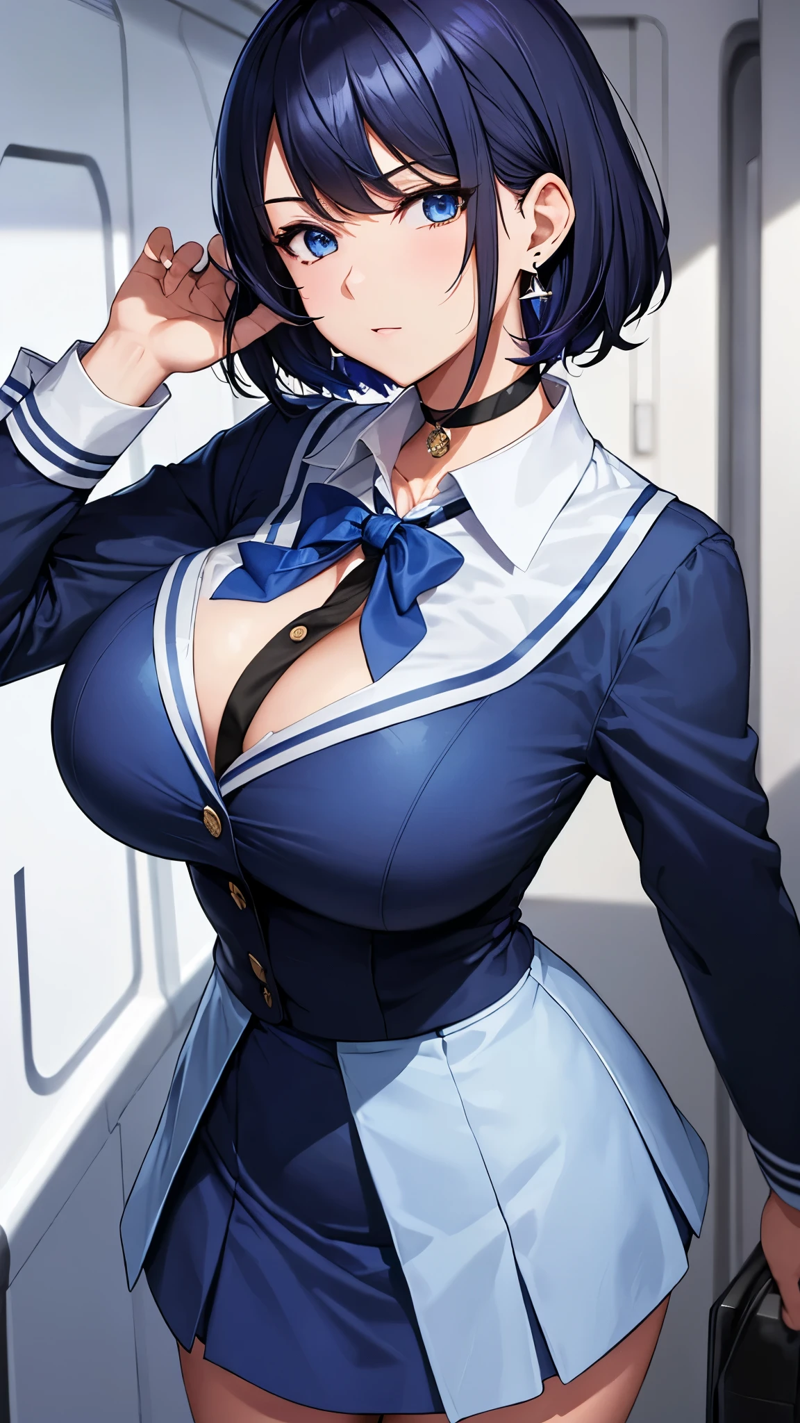 1girl,realistic,short hair,green blank eyes,purple hair,gigantic breast, uniform,sailor suit,skirt,extremely detailed eyes and face,longeyelashes,beautiful detailed lips,masterpiece,upper body,blue background