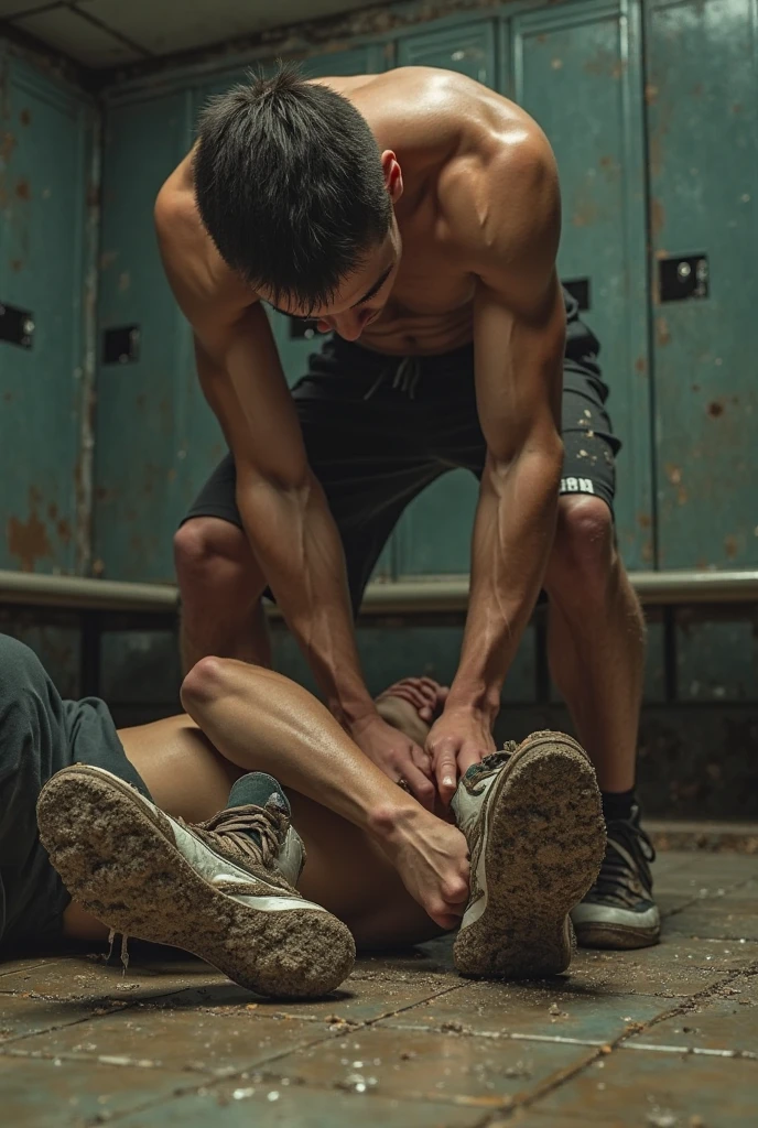 Sexy hot teen boy with a tanned body wearing a fit boxer shorts and boots is sitting on another boy's back who is crawling on all fours and carrying him at an abandoned room