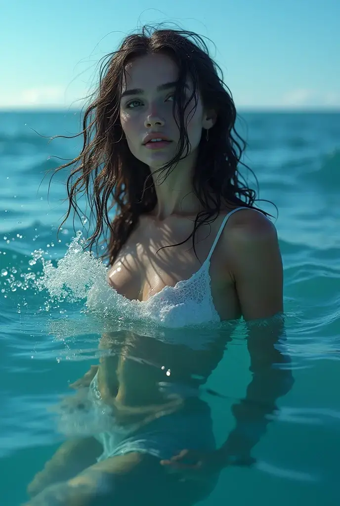Sweaty girl, wet hair, wet face, hot sun wet body, Clothes stick to the body, photo medium plan, tormented face, masterpiece, photorealism, 16K