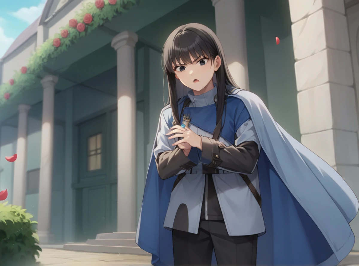 score_9, score_8_superior, score_7_superior, score_6_superior, score_5_superior, score_4_superior, Break Source_anime, masterpiece ,anime screencap,Kudrinie, Long Hair, bangs, Black Hair, Long sleeve, jewelry, ring, Iris,Cape, Severe, Outdoor, Leaning forward,Tied up with rope,gag,Struggling,
