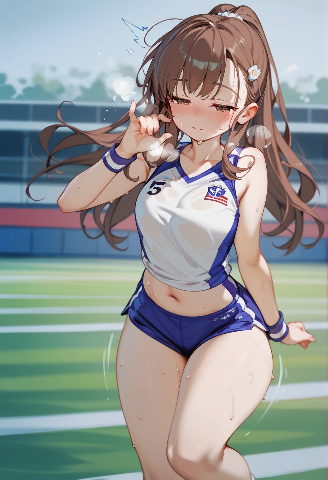 (masterpiece、highest quality、High resolution、Realistic photo、Real looking skin:1.1)、
(There is one woman:1.5)、
(A woman is taking a break as an athlete:1.5)、
(She is standing:1.5)、
(She has a happy look:1.5)、
(She is wearing an athletics uniform:1.5)、
(The track and field uniform is a separate bikini type.:1.5)、
(She is wearing athletics spikes.:1.5)、
(Her hairstyle is short brown hair:1.5)
(The location is on the athletics track:1.5)、
1 Japanese Girl、solo、Full Body Esbian、Beautiful Eyes、Shining Eyes、Shining thighs、NSFW