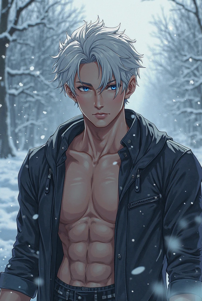 1 male, handsome Japanese male model, high resolution 4k, adult, perfect face, detailed eyes and face, muscular, white eyebrow hair, white eyelashes, torso, Detailed face, perfect face, real skin texture, detail Perfect hand, details, Real and complete hand details, unreal engine, hd picture, satoru gojo, Jujutsu kaisen, white hair, short hair ,hair between eyes ,blue eyes, white skin, winter background, snow details