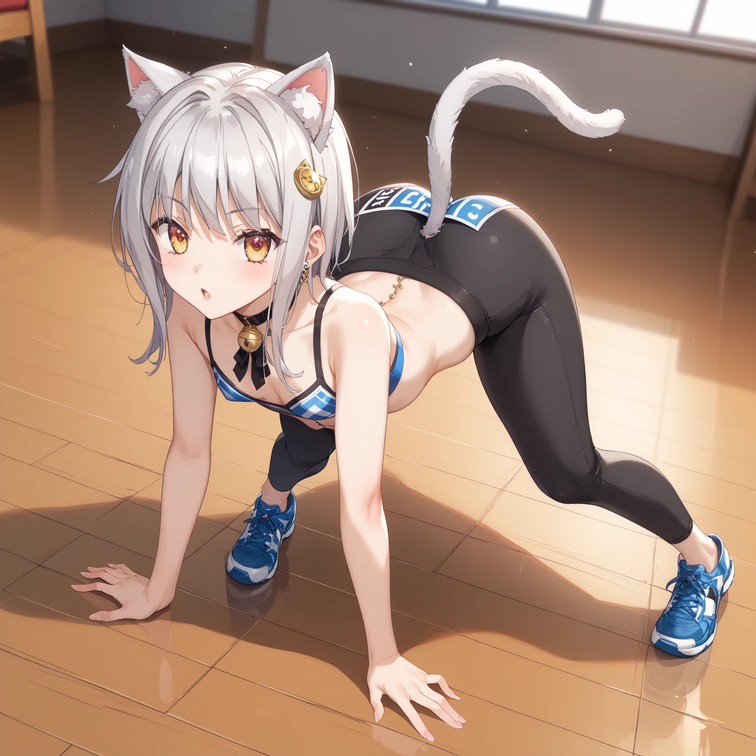 (((best quality)), ((masterpiece)), (details), masterpiece, best quality, high quality, ulutra detailed, perfect face, ((1girl, blue eyes, cat ears: 1.3 silver bob hair: 2.5,)) 、Shiny Hair、Glowing Skin、blush、Lustful look、Small breasts、Sports Bra、Yoga Leggings、Yoga poses、studio、Prone、Push up your ass、Side Angle、Sexy