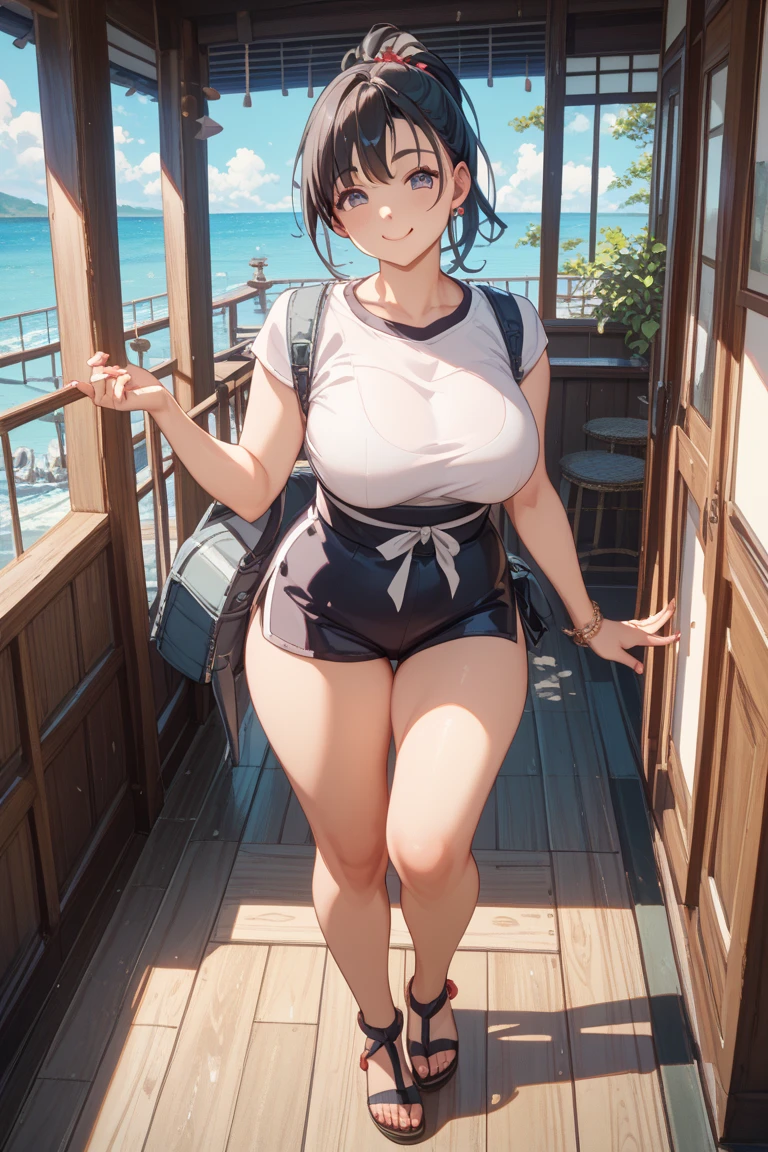 1girl,mountain climbing pattern ,Mountain,dam ,pastel black hair,red eye,bob hair,standing, beckoning, full body,red frame eyewear,big breasts,smile