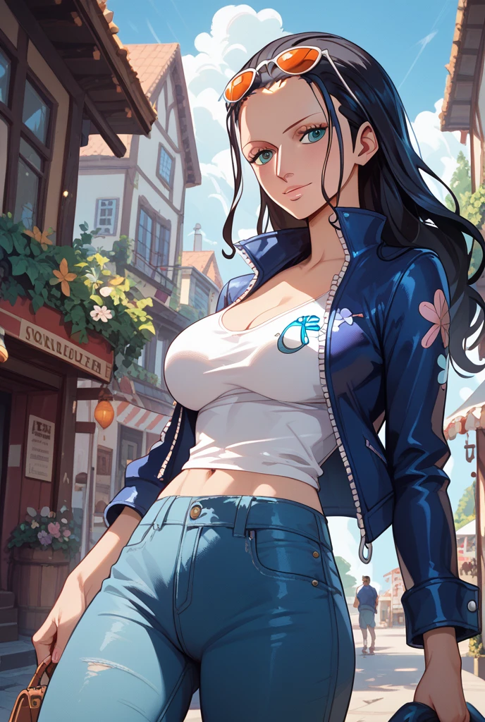 top-quality,masterpiece,Masterpiece,8k,high-level image quality,High pixel count,detail portrayal,1人の女性,1girl,独奏,Black hair,Long,straight haired,Dark blue eyes,High nasal muscles,I can see my forehead.,Slender body line,thin hip,small tits,cowboy shot,Standing figure,Medieval cityscape,Red rider's jacket,jeans,Wear sunglasses on your head,full bodyesbian,Walking
