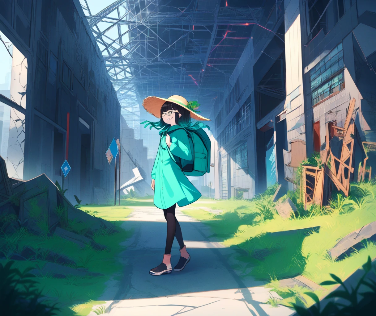 (masterpiece),(best quality),very aesthetic,(ultra-detailed),(super-fine illustration),vibrant colors,high saturation,Collapsed civilization,nsfw,1girl,25yo,slender,tall,medium hair,black hair,natural wave hair,flipped hair,dark green eyes,comfortable,smirk,grin,glasses,(straw hat with leaf color ribbon),carrying a aqua blue rucksack, (thigh-high parka dress with gradient earth color,black bike shorts),short sleeves,Sneaker Shoes,short orange socks,broken wristwatch,Abandoned station platform,Broken concrete ground,running,running off towards the back of the screen,summer,panorama,back shot,back view,wind
