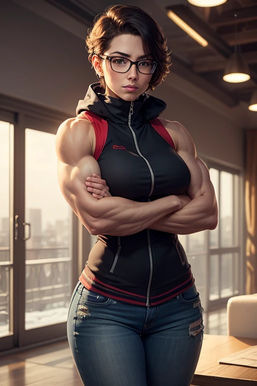 (masterpiece: 2), (HyperMuscle: 2) , 独奏，（：1.3），thick curvy thighs, perfect beautiful face，upper legs，Wide buttock，dent in the skin，short detailed hair，Blonde curly hair，erected vagina，office room，ssmile，Love glasses ，Leaning in ，dungeon，(Vaginal exposure) ，cheerfulness，（Lace lingerie big breasts：1.2），parted lips，plumw，exposed midriff，gigantic cleavage breasts，4K，realistic humid skin，Large curved hips，Fleshy figure，with perfect legs，Muscular Hypertrophy，BodyBuilder，crouched，a dark tanned skin，Bronzed skin，detailed lips，bubble butt，Breasts are a lot larger than the torso，Crazy swollen breasts，otherworld background，Koreainsta Goddess，Realistic fantasy rendering，Forced hair，photorealistic anime girl rendering，Faraway view，（full-body portraits：1.8），（：1.5），（Exaggerated body proportions），（Nine-headed body），Wearing delicate earrings，chest exposed from armor，a plump buttocks，slender leg，(Thick thighs)，（Wear red transparent pantyhose），rendering by octane， （Unbeatable masterpiece， ultra realistic 8k cg， dramatics， Ray tracing， hdr：1.9）， （best quality: 2）， fanciful， atmospurate， extremely detail，intricate， Hyper-detail， glaring lights， （mirror lighting： 1.4）， （photorealistic face：1.9）， （dent in the skin： 1.9）， （1 rapariga： 1.8)