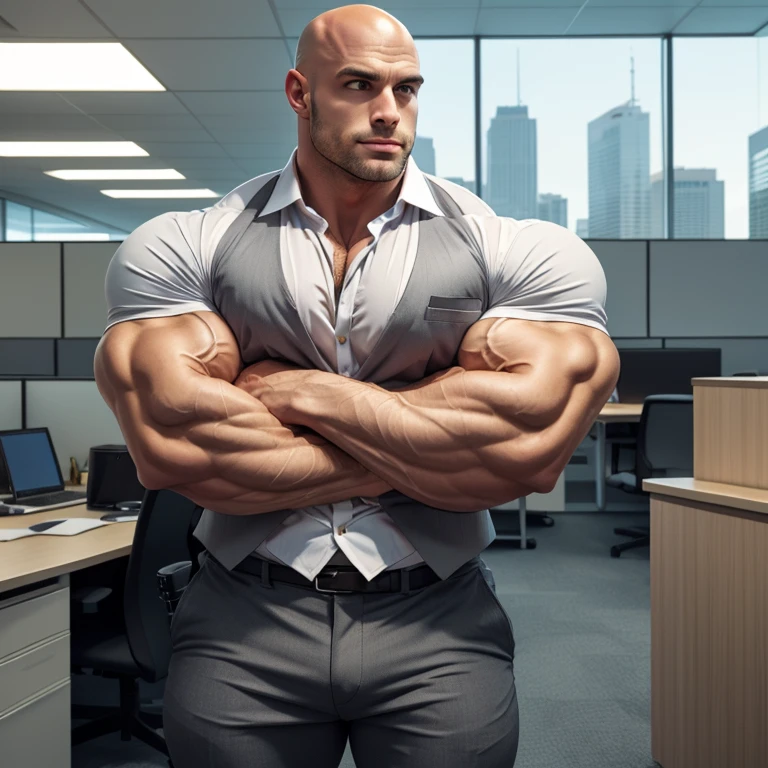 A man with his suit open showing his super ripped chest and abs sitting on a chair in the office 