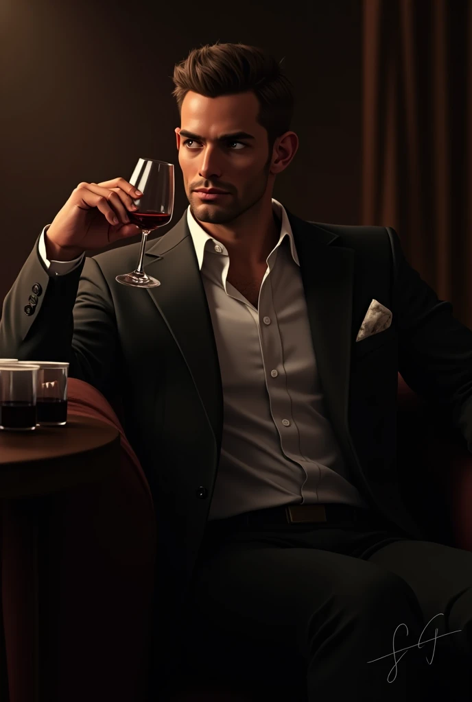 Handsome young man with black hair, Dark-eyed man dressed in a suit drinking a whiskey