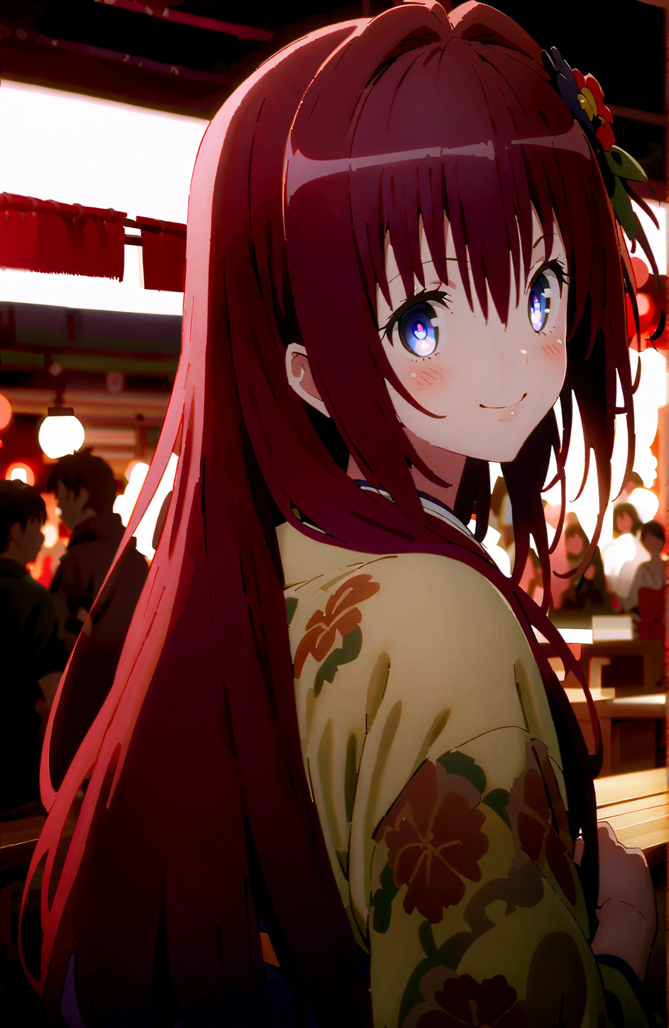 Kurosaki Mea , stupid hair, blue eyes, red hair,long hair,stupid hair,side lock,single bun hair,flower hair ornament with ears, red flower pattern kimono,smile,blush,grinning,Light up fireworks,Japanese stalls ,Red Lantern,standing,crowd,in their 40s outdoors, Japanese Festival,,
in their 40s looking at viewer,full body,
in their 40s (masterpiece:1.2), best quality, high resolution, Unity 8k 壁紙, (illustrations:0.8), (beautiful detailed eyes:1.6), very detailed face,  perfect lighting on the table, extremely detailed CG, (perfect hand, perfect anatomy),