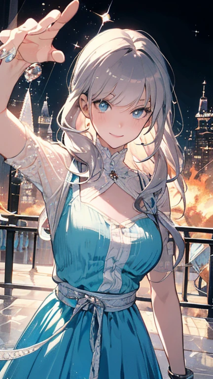 perfect eyes, elegant stance, happy, long white hair, yellow eyes, black tiara, mountain, clouds, epic, close shot, looking at viewer, parted lips, teeth, happy face, smiling, medium breast, cleavage, white dress, bare shoulders