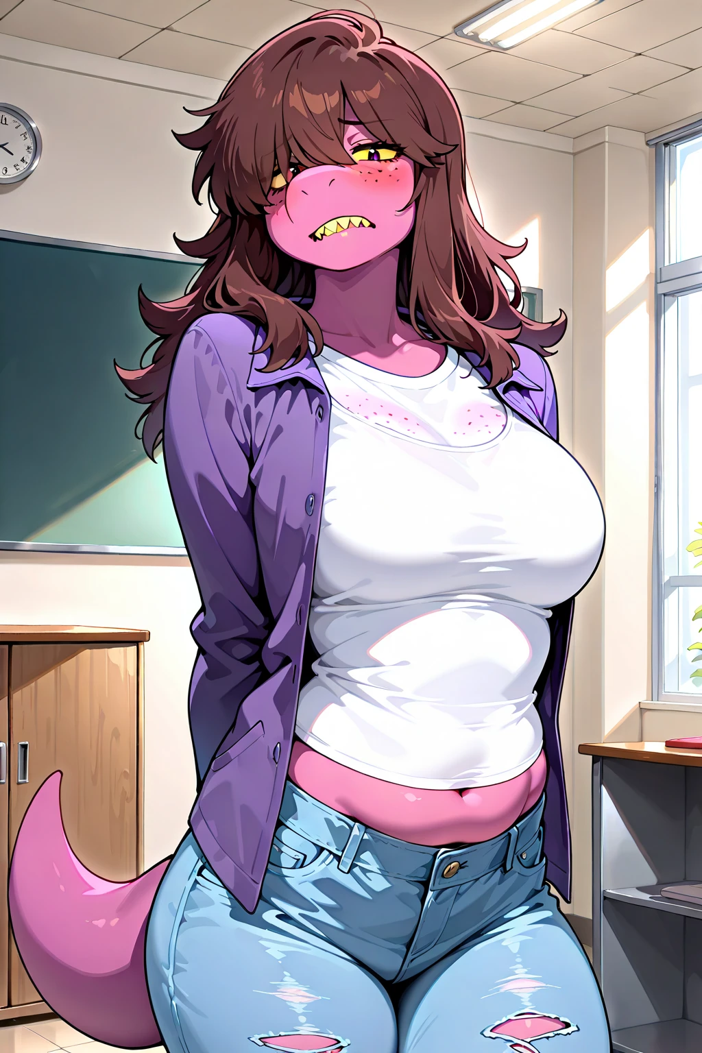 score_9,score_8_up,score_7_up, source_cartoon, kemono style, Susie from deltarune, Anthro girl, brown hair, glowing yellow eyes, sharp teeth, clenched teeth, sex, reverse cowgirl position sex, she is riding Faceless human males cock, reverse cowgirls position, impact lines, males face is cropped out, on a bed, simple background , front view, grinning