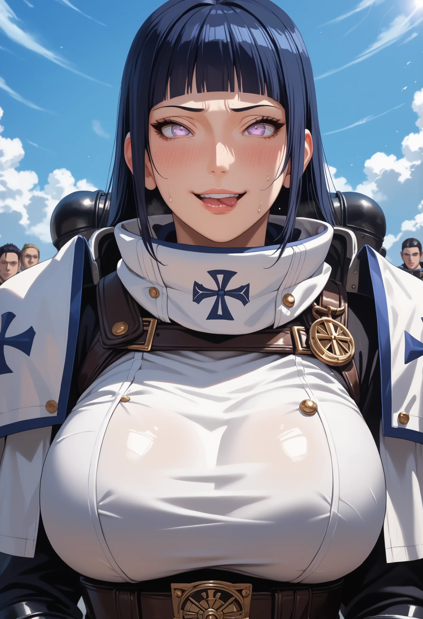 Score_9, Score_8_up, Score_7_up, Score_6_up, Score_5_up, Score_4_up, Source_anime, Tag1, Tag2, Quality_masterpiece, Anatomically correct, Beautiful face, Perfect face, Highly detailed beautiful face and eyes, Attractive face, Detailed face, Delicate facial features, Detailed skin, Huge breasts, Sensual woman, Mature female, Milf, Motherly, (((Hinata_Hyūga))), Dark Blue Hair, Hime-Cut Hair, Long hair, Pale Lavender Eyes, Embarrassed, Desperate Face, smirk, Bedroom eyes, Ahegao Expression, Hot, Sweating, Sweat, Perspired, Steam BREAK Rating_Explicit, masterpiece,8k,ultra-detailed,best quality,battlefield, Wearing Special Unit Clothes, Female Comander.