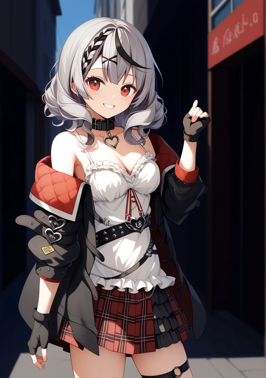 (masterpiece, best quality, highres, absurdres, ultra-detailed:1.2),  ((1girl, solo, Asagi, short black hair, black eyes, AsGear, hairclip. fur-trimmed coat , thighhighs, black shorts, belt, fingerless gloves, cleavage, white fur collar, smile)),  (castle bedroom, candles, wood desk, red curtains,  plush penguin:1.4), <lora:Asagi-10:0.7>,  <lora:Prinny-10:0.8>prinny, wings, scarf, bat wings, red scarf<lora:add_detail_v1:0.8>,  <lora:LowRA:0.85>