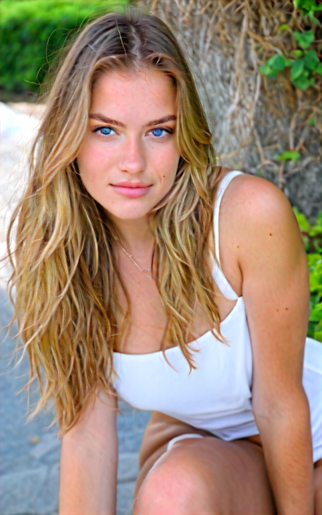 A photorealistic of a 21 years old Australian girl with long flowing blonde hair and striking blue eyes.she should have a natural approachable expression and be illuminate by soft, golden hour sunlight .The background should be a scenic outdoor setting, perhaps an australian sunlit national park or a beach. Capture this image with a high resolution photograph using a 85mm lens for a flattering perspective. she is with chic and tight outfit and nice ????.