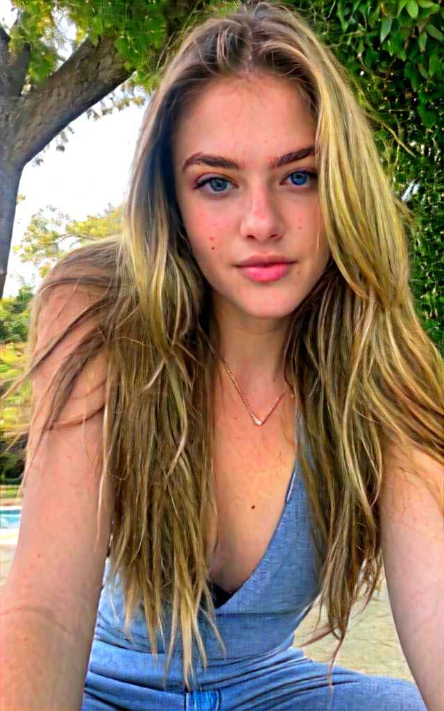American white woman with unparalleled looks、dark blonde、Semi-long hair、Hair is wavy、blue eyess 、A slender、Out of focus background of open meadow in the forest、The sun filtering through the trees is beautiful、a smile、Look up diagonally、Slender but well-proportioned body with large breasts、Posing like a model、brush one's hair up one's ears、sitting at the base of a thick tree trunk、There must be space above the head、Breast bare