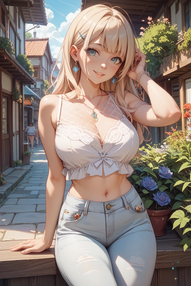 (Best quality at best,4K,A high resolution,tmasterpiece:1.2),ultra - detailed, Outdoor scene with 1girl, Blonde hair, with long coiled hair, With gray eyes, and medium. The girl in the white jacket, Collar, tank top and jeans. The scene is set in a beautiful garden，flowers blooming，The grass is luxuriant. The sun casts a warm glow on the girl&#39;s face，Illuminates the surroundings. vibrant with colors，Rich texture, Create visually stunning images, (lusty  smile), looking at viewert