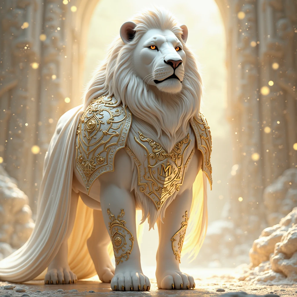 It looks like a lion, has a mane, and is white with gold decorations.、Kamen Rider with long claws pointing forward